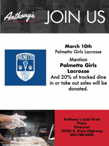 Girls LAX Fundraiser @ Anthony’s Coal Fired Pizza | Miami | Florida | United States